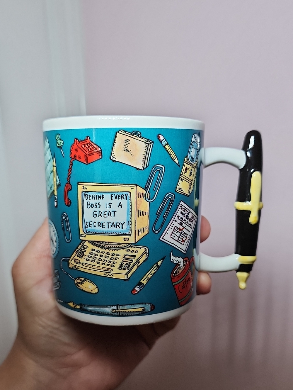 Desk Accessories Ceramic Mug in Teal with Novelty Pen Handle